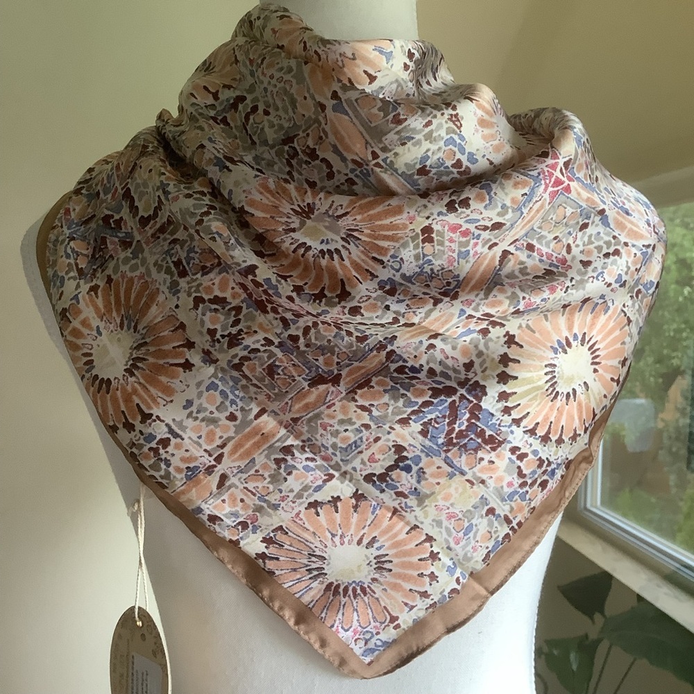 New Taupe and Burgundy Starburst 28” Square Scarf